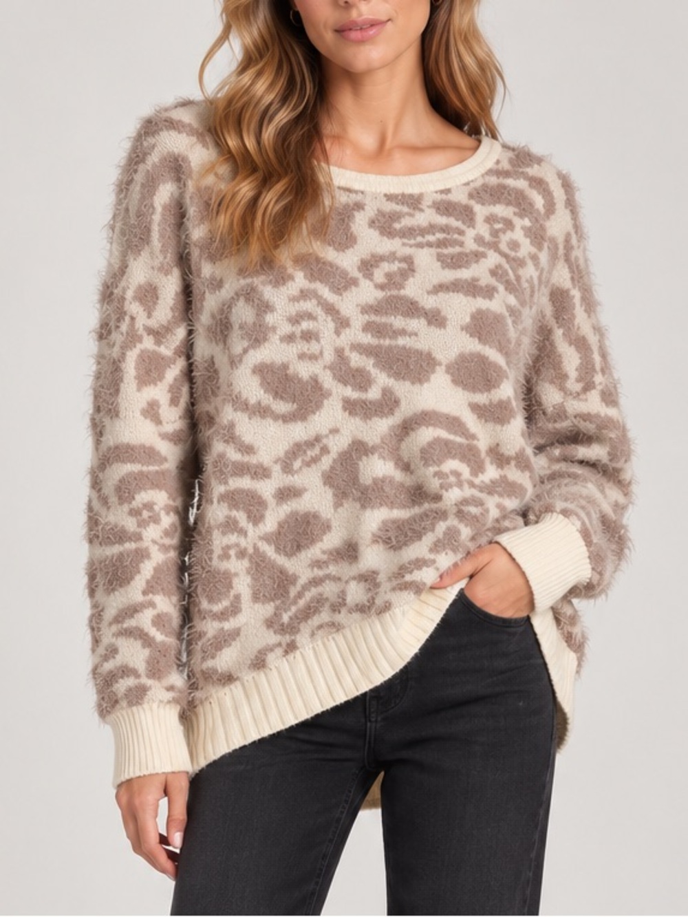 14th & Union Mohair Oversized Sweater Rose Floral Fuzzy Soft Pullover Large
